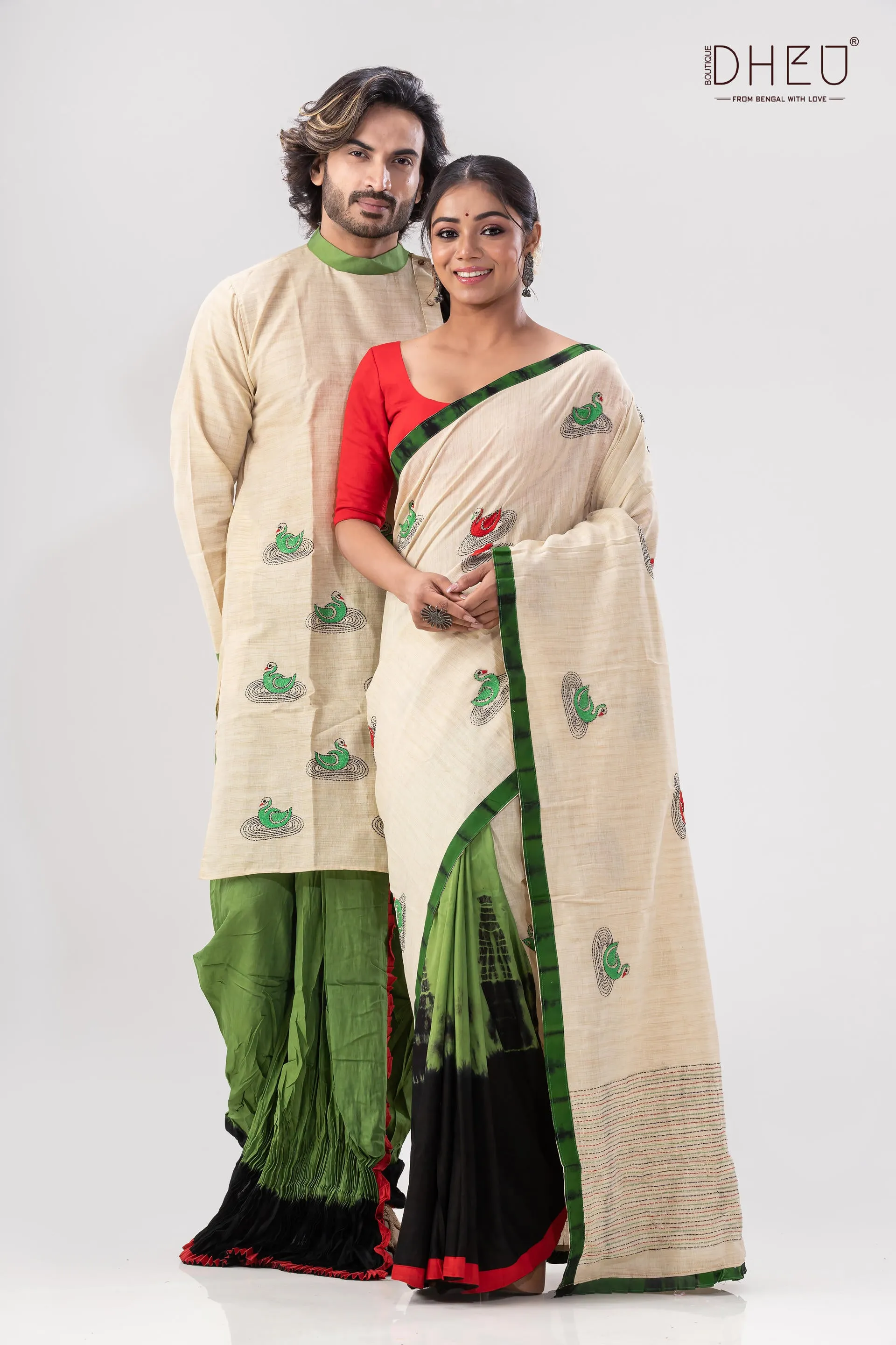 Traditional Hansjaru Kurta and Saree Matching Couple Set