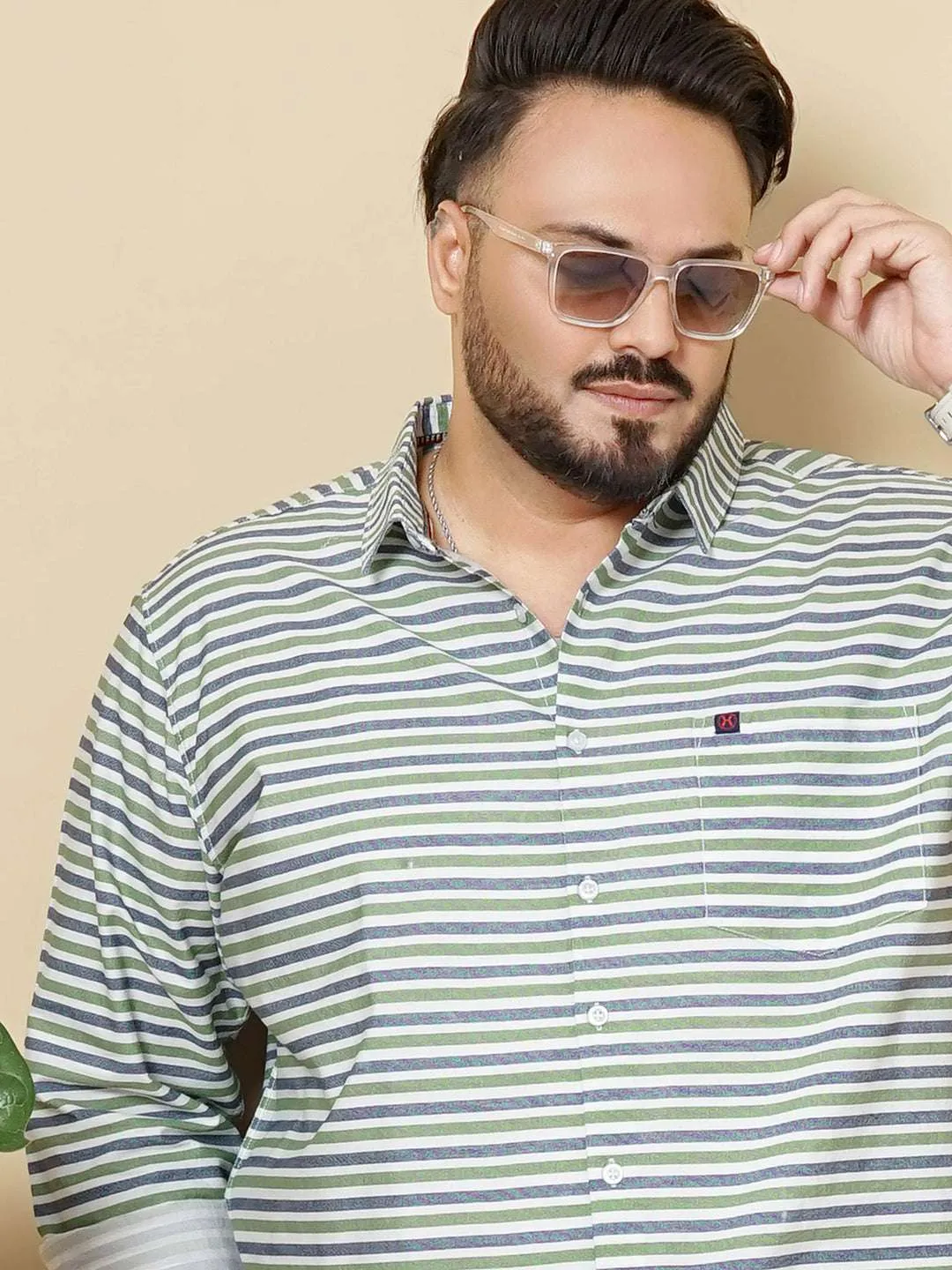 Hardsoda Men Green Plus Size Horizontal Stripes Casual Shirt