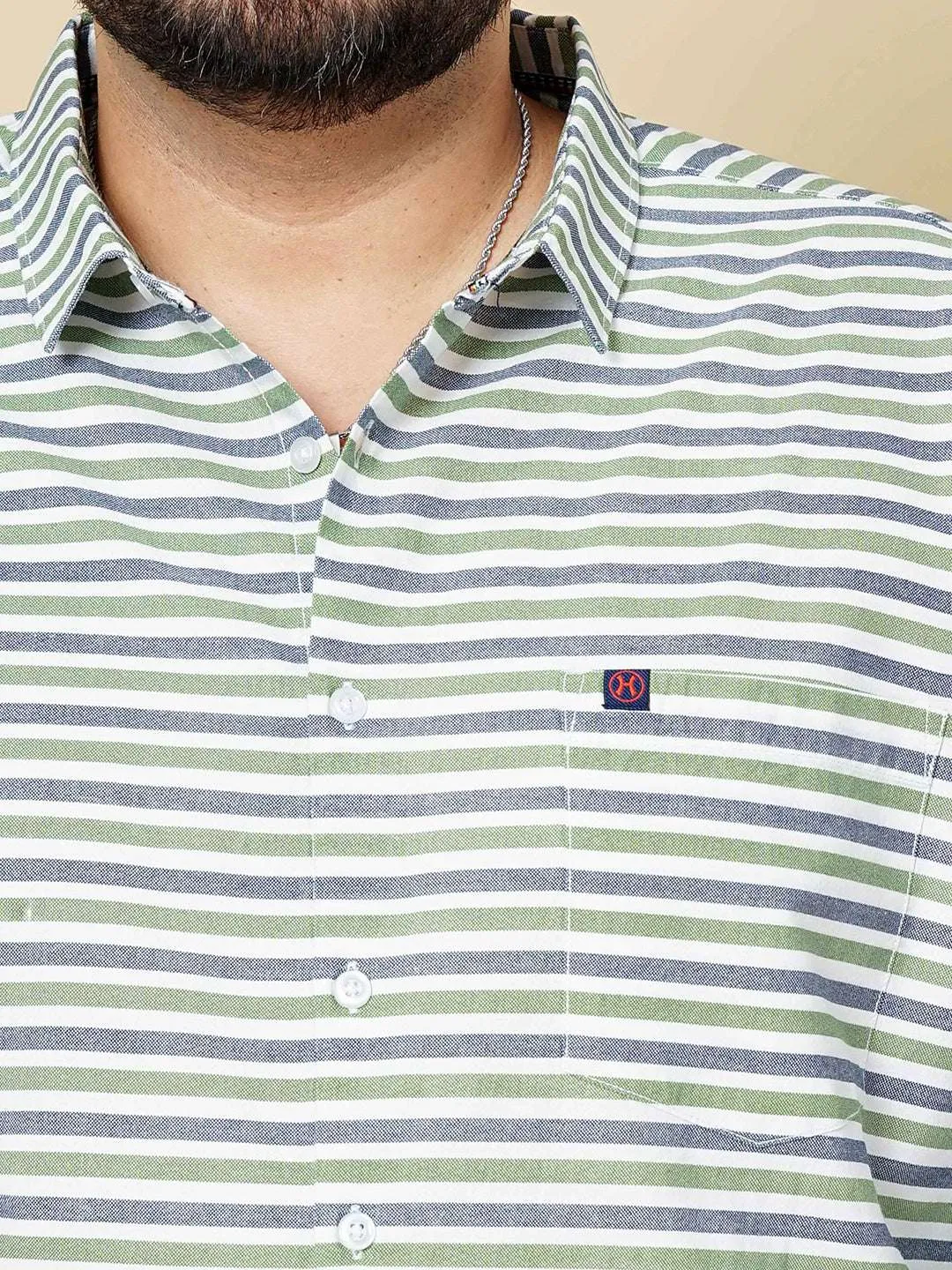 Hardsoda Men Green Plus Size Horizontal Stripes Casual Shirt