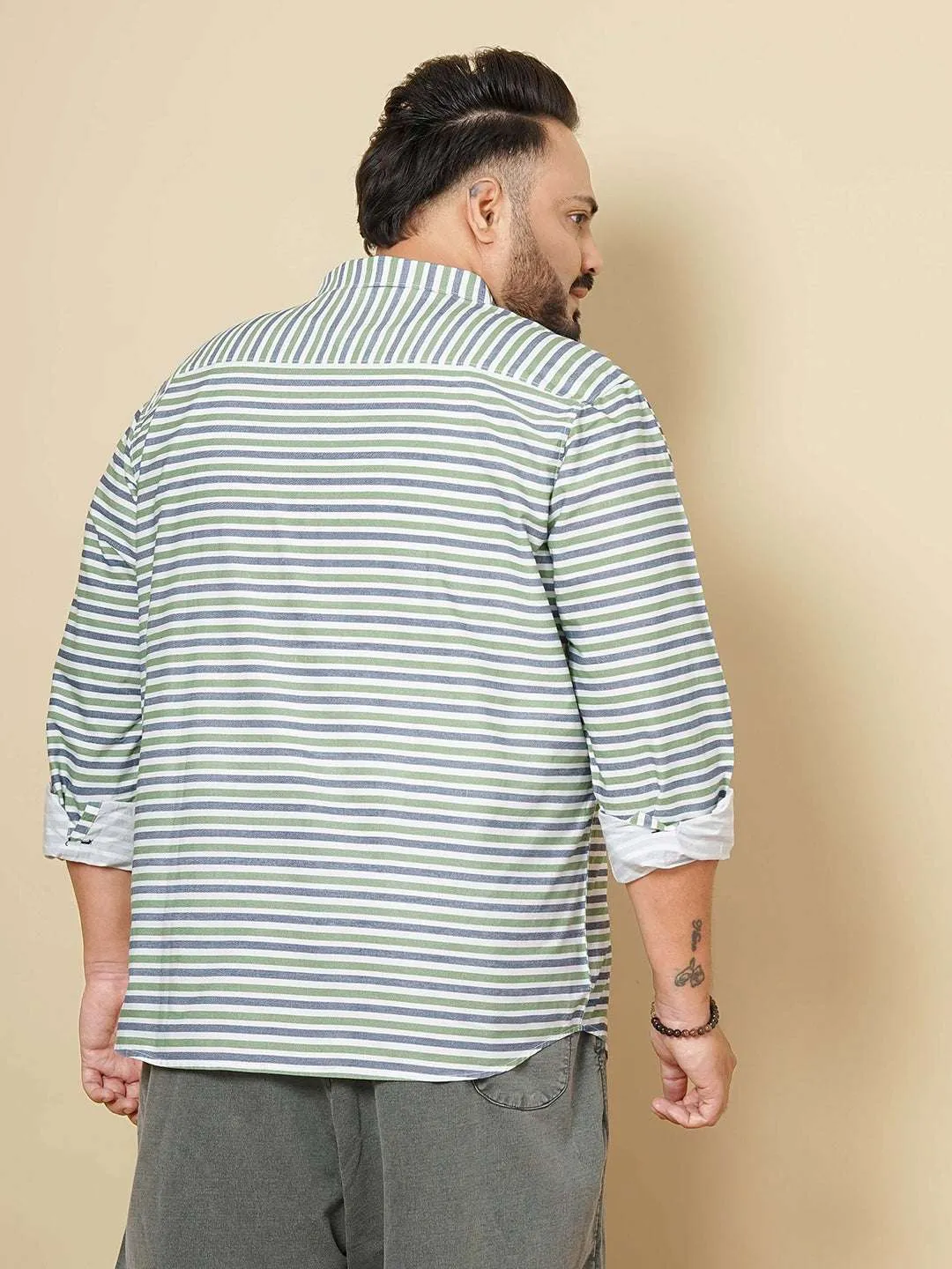 Hardsoda Men Green Plus Size Horizontal Stripes Casual Shirt