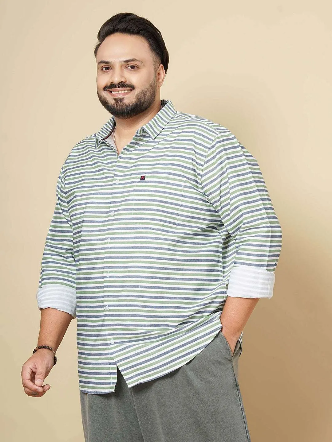 Hardsoda Men Green Plus Size Horizontal Stripes Casual Shirt