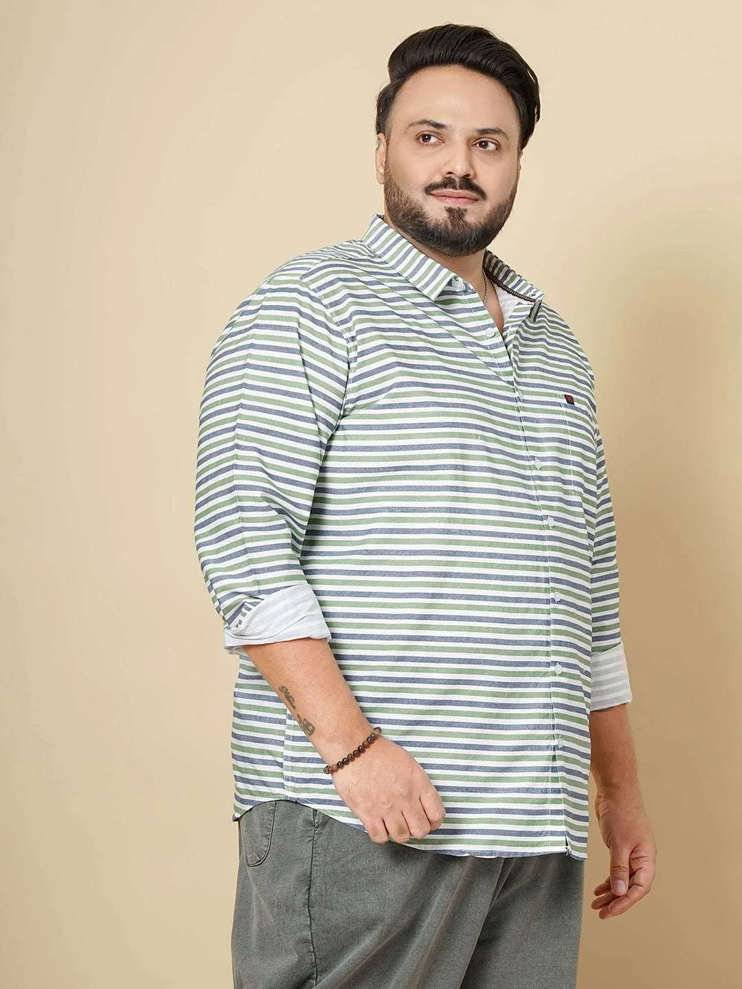 Hardsoda Men Green Plus Size Horizontal Stripes Casual Shirt
