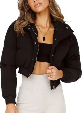 Lianlive Cropped Puffer Jacket Womens Zip Up Black Crop Puffy Winter Coats