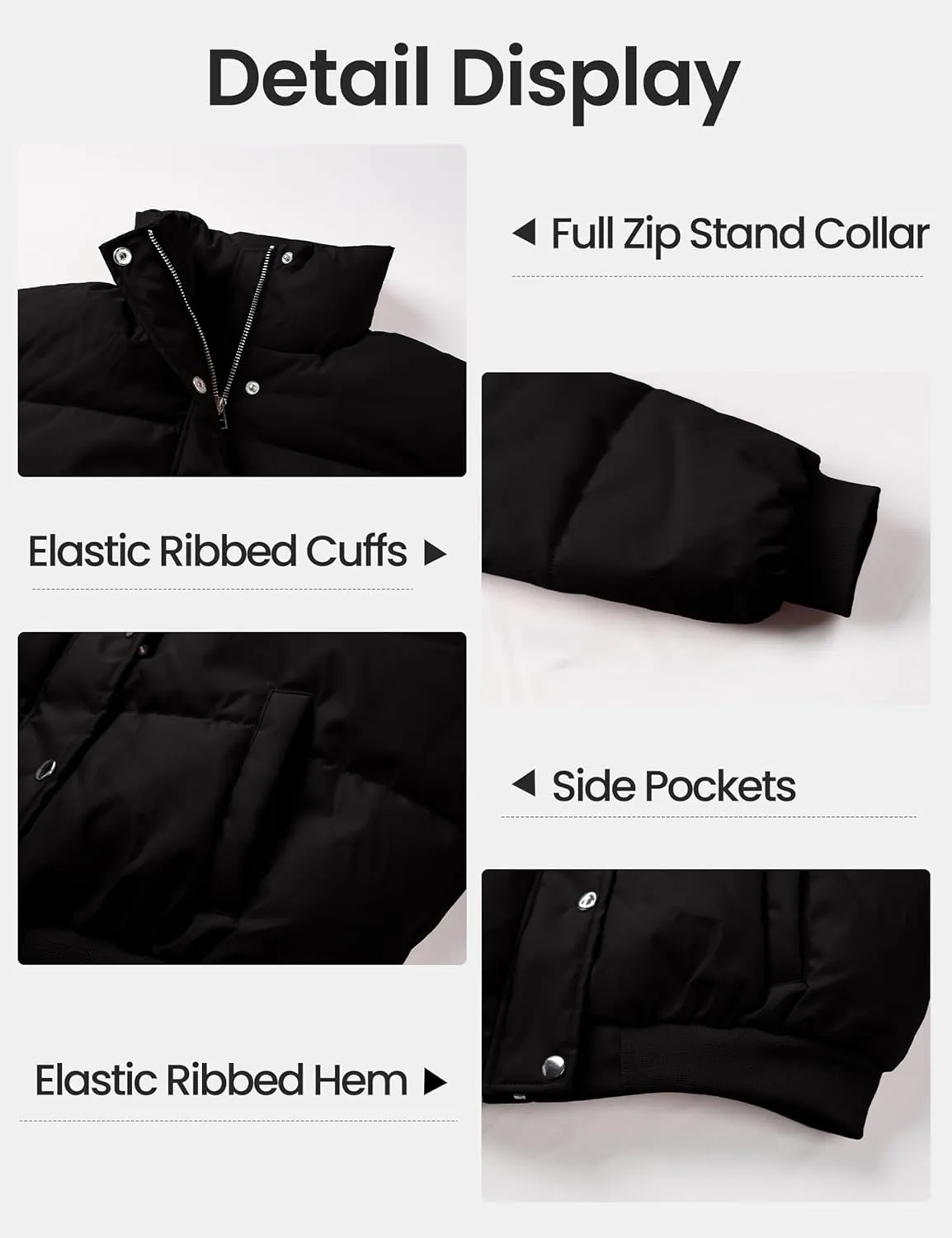 Lianlive Cropped Puffer Jacket Womens Zip Up Black Crop Puffy Winter Coats