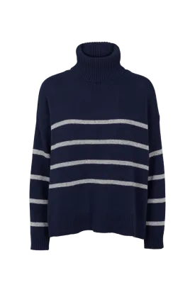 Lise Striped T-Neck - sky captain / light grey mel.