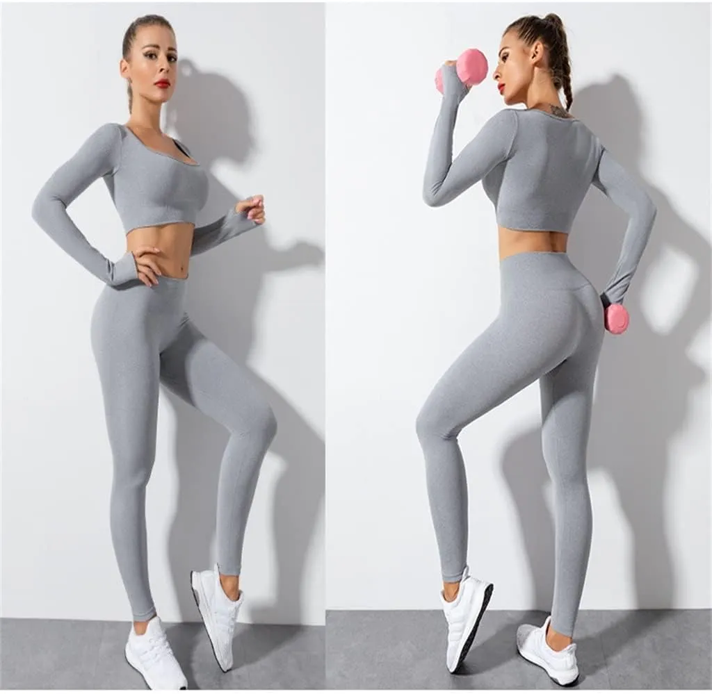 Long Sleeve Monochrome Square Neck Long Sleeve Tracksuit Seamless High Waist Trousers Navel Gym Suit(Medium)