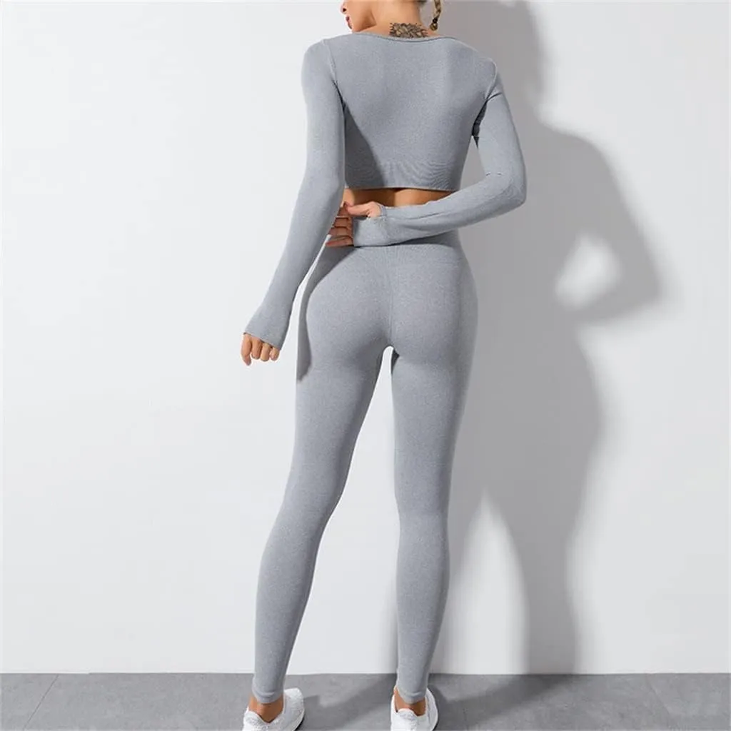 Long Sleeve Monochrome Square Neck Long Sleeve Tracksuit Seamless High Waist Trousers Navel Gym Suit(Medium)