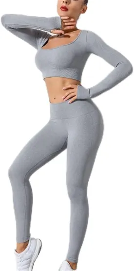 Long Sleeve Monochrome Square Neck Long Sleeve Tracksuit Seamless High Waist Trousers Navel Gym Suit(Medium)