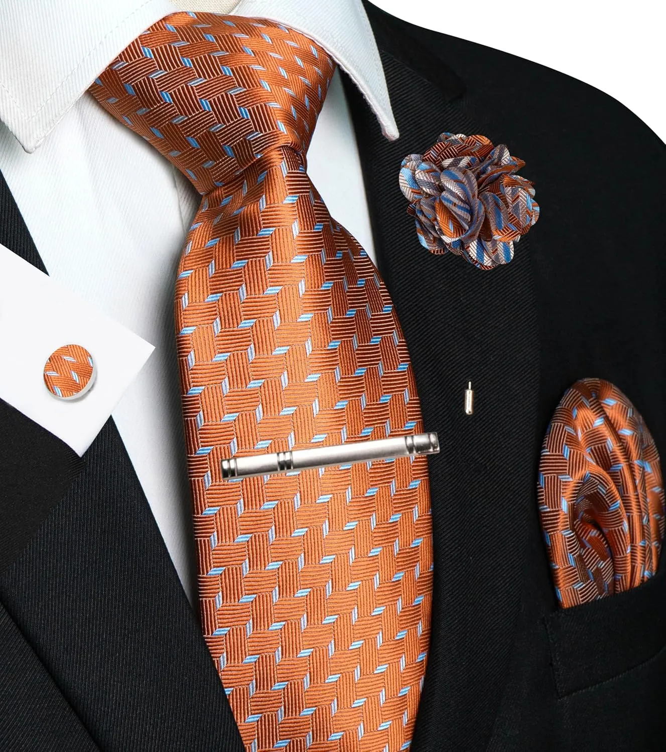 Mens Tie and Lapel Pin Necktie Pocket Square Cufflinks and Tie Clip Sets for Business Casual 5PCS
