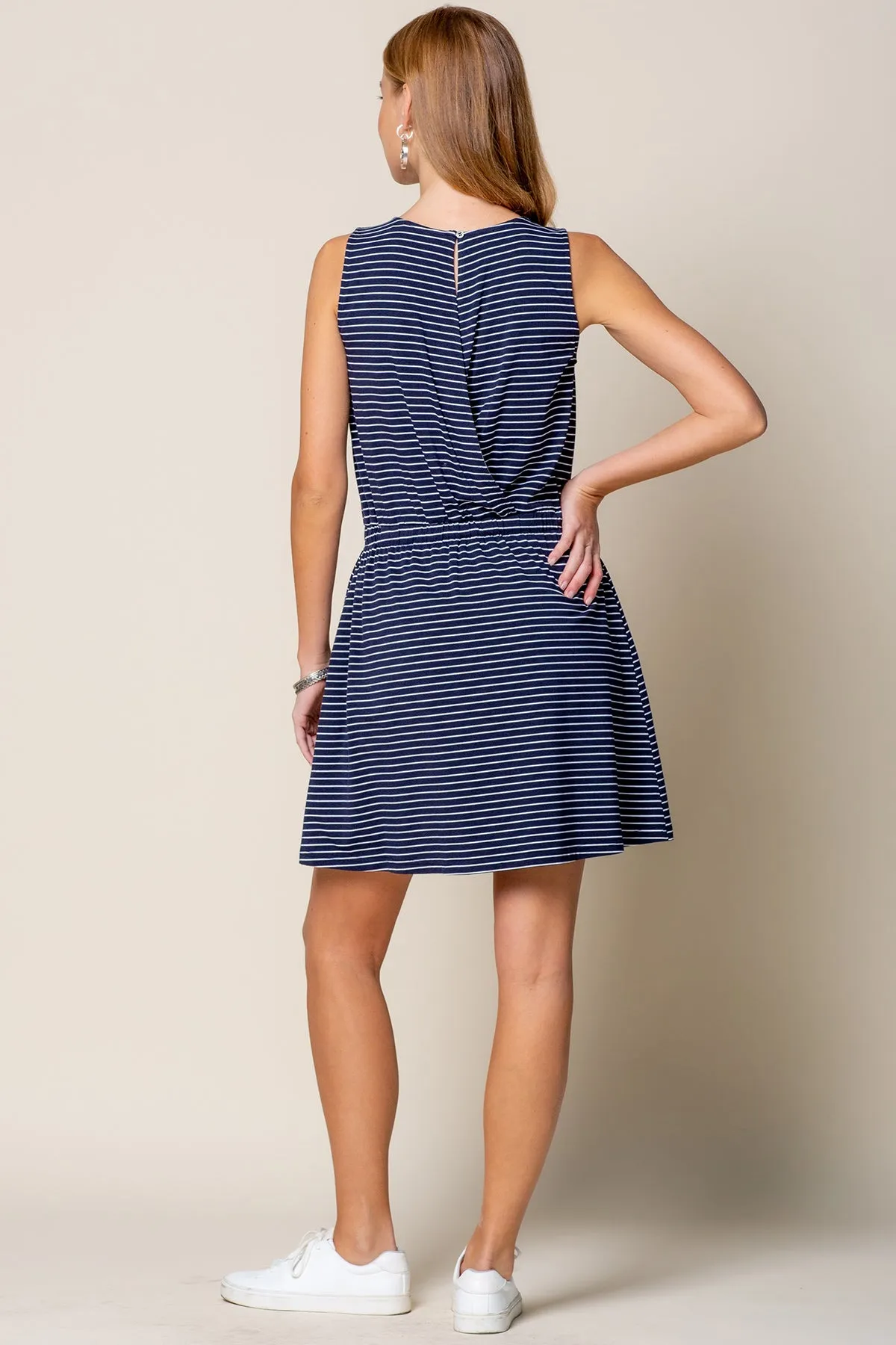 Navy Striped Open Back Dress