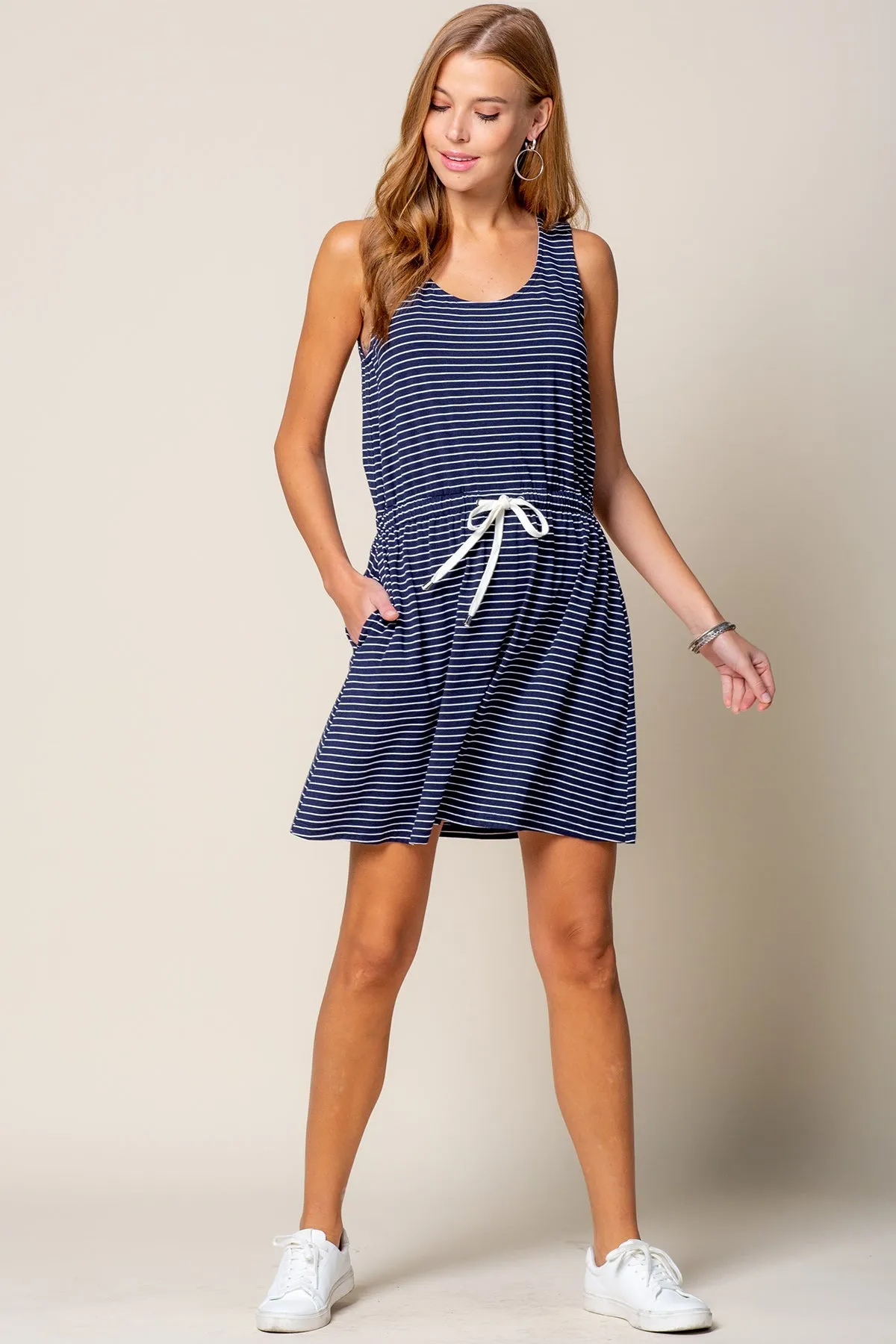 Navy Striped Open Back Dress