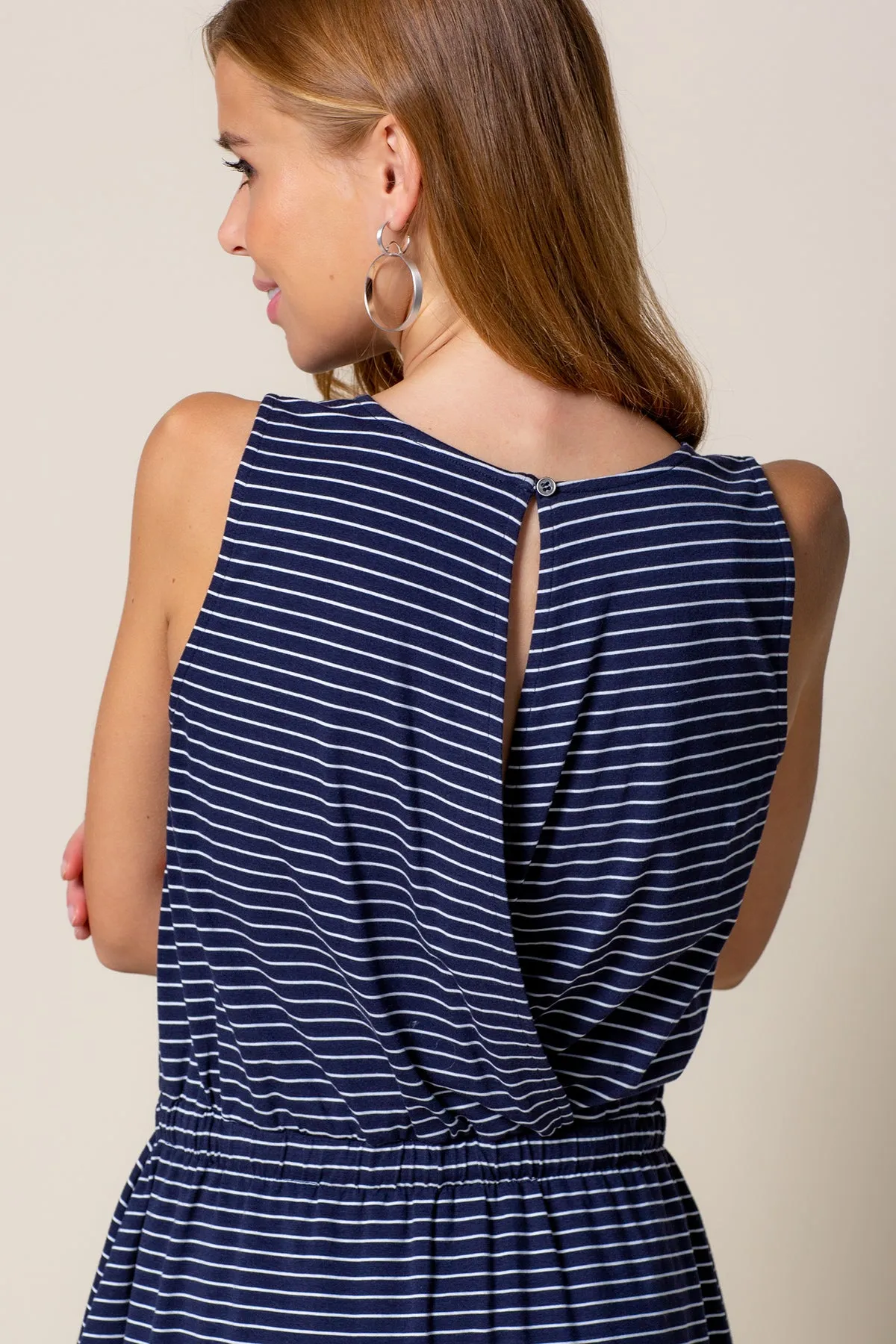 Navy Striped Open Back Dress