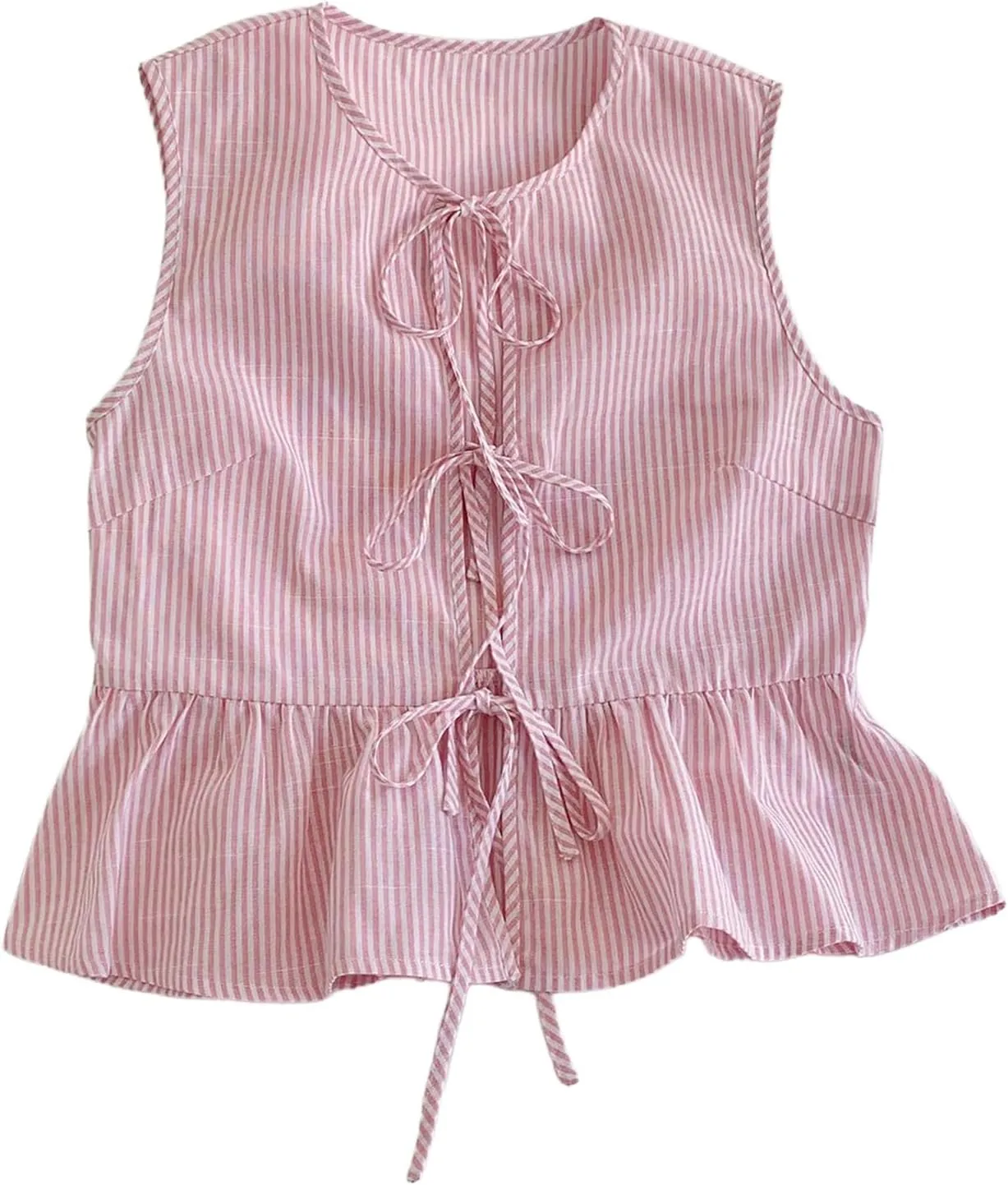 OYOANGLE Women's Striped Print Tie Front Bow Knot Crew Neck Sleeveless Tank Blouses Ruffle Peplum Tops