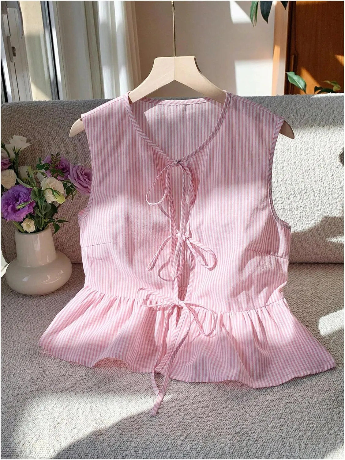 OYOANGLE Women's Striped Print Tie Front Bow Knot Crew Neck Sleeveless Tank Blouses Ruffle Peplum Tops