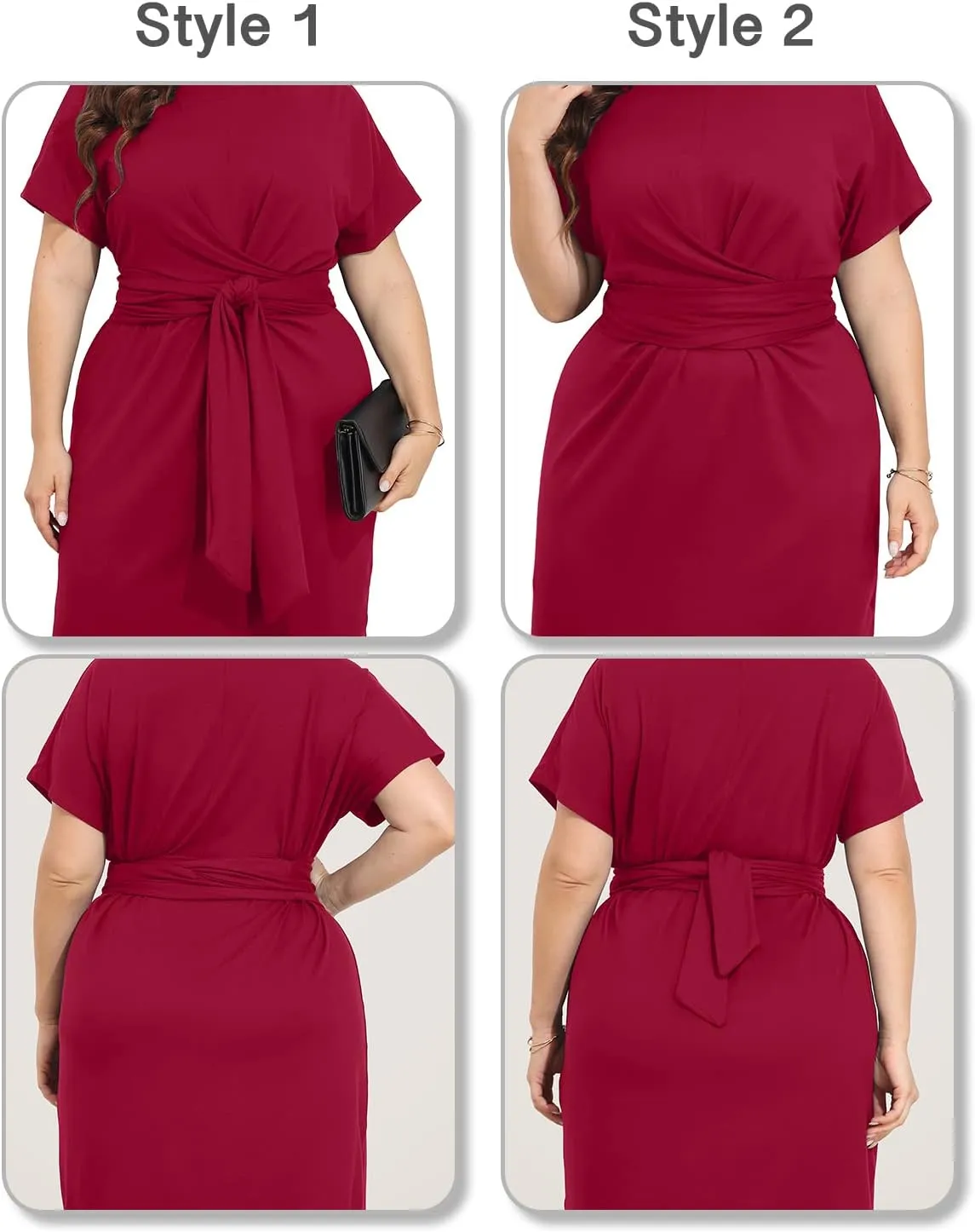 Pinup Fashion Plus Size Dresses for Women Wedding Guest Short Sleeve Tie Front Waist Belted Pencil Work Knee Dress