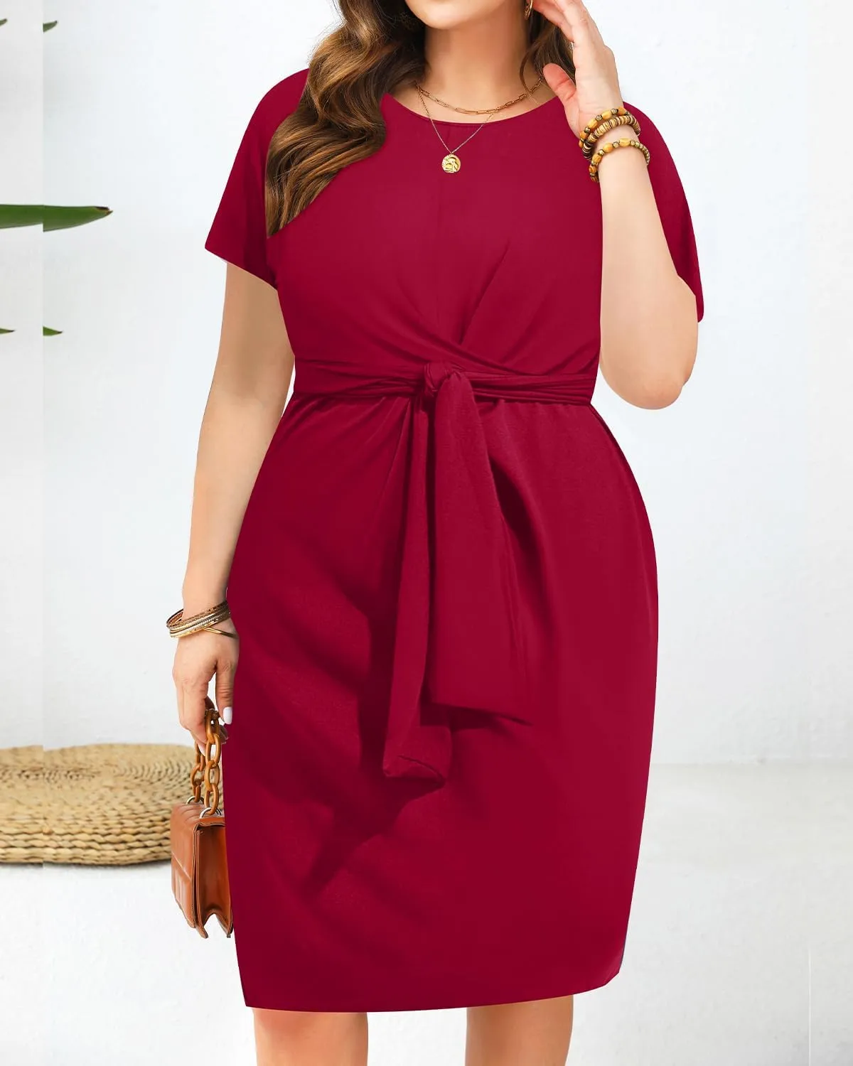 Pinup Fashion Plus Size Dresses for Women Wedding Guest Short Sleeve Tie Front Waist Belted Pencil Work Knee Dress