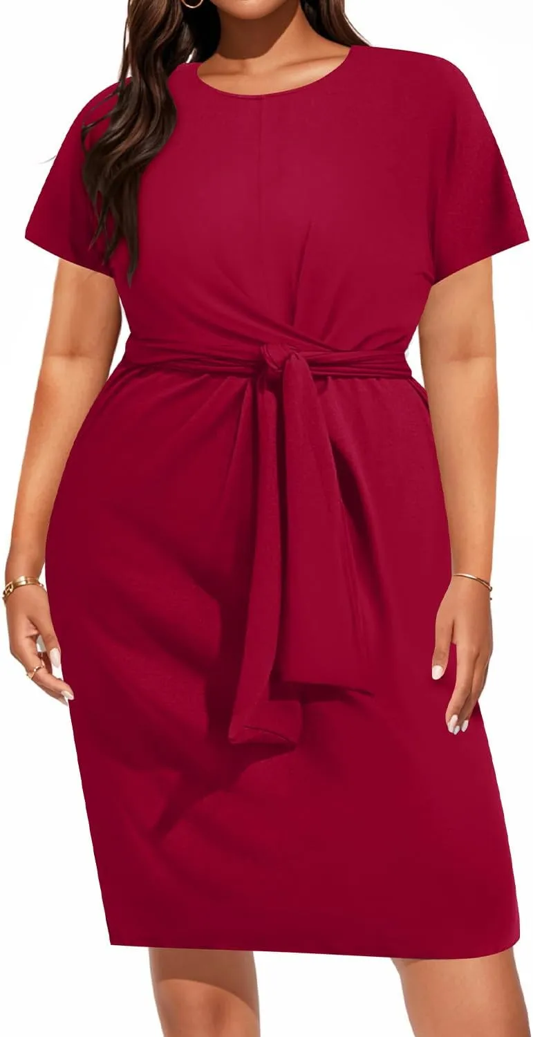 Pinup Fashion Plus Size Dresses for Women Wedding Guest Short Sleeve Tie Front Waist Belted Pencil Work Knee Dress
