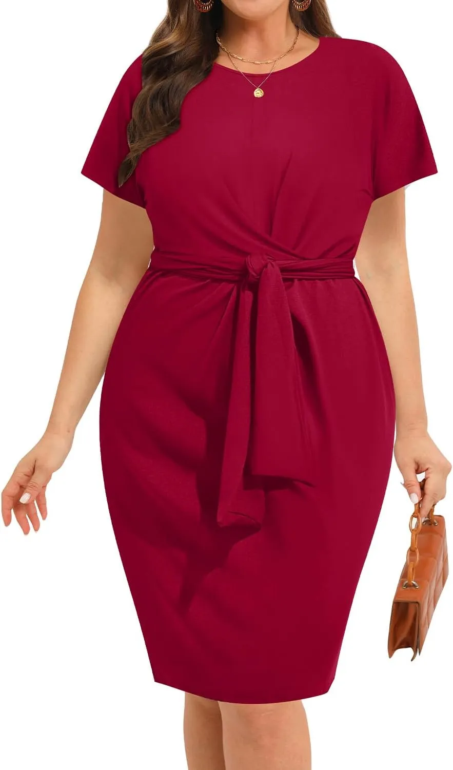 Pinup Fashion Plus Size Dresses for Women Wedding Guest Short Sleeve Tie Front Waist Belted Pencil Work Knee Dress