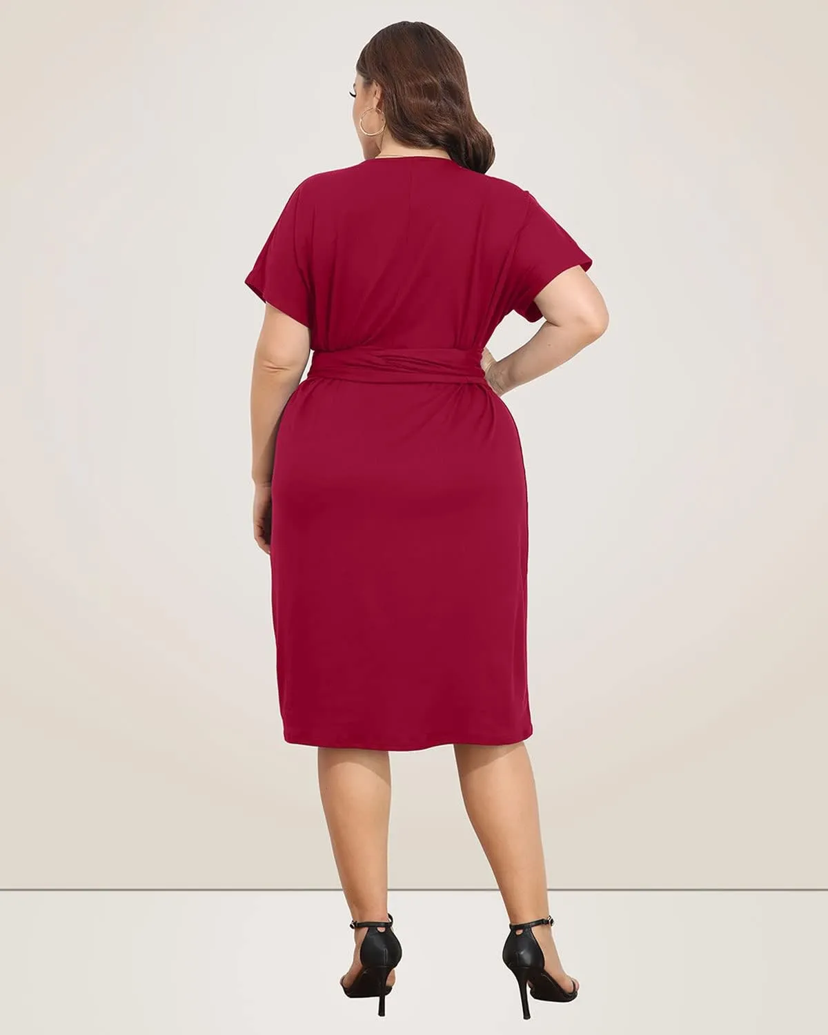 Pinup Fashion Plus Size Dresses for Women Wedding Guest Short Sleeve Tie Front Waist Belted Pencil Work Knee Dress