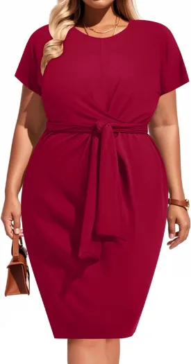 Pinup Fashion Plus Size Dresses for Women Wedding Guest Short Sleeve Tie Front Waist Belted Pencil Work Knee Dress