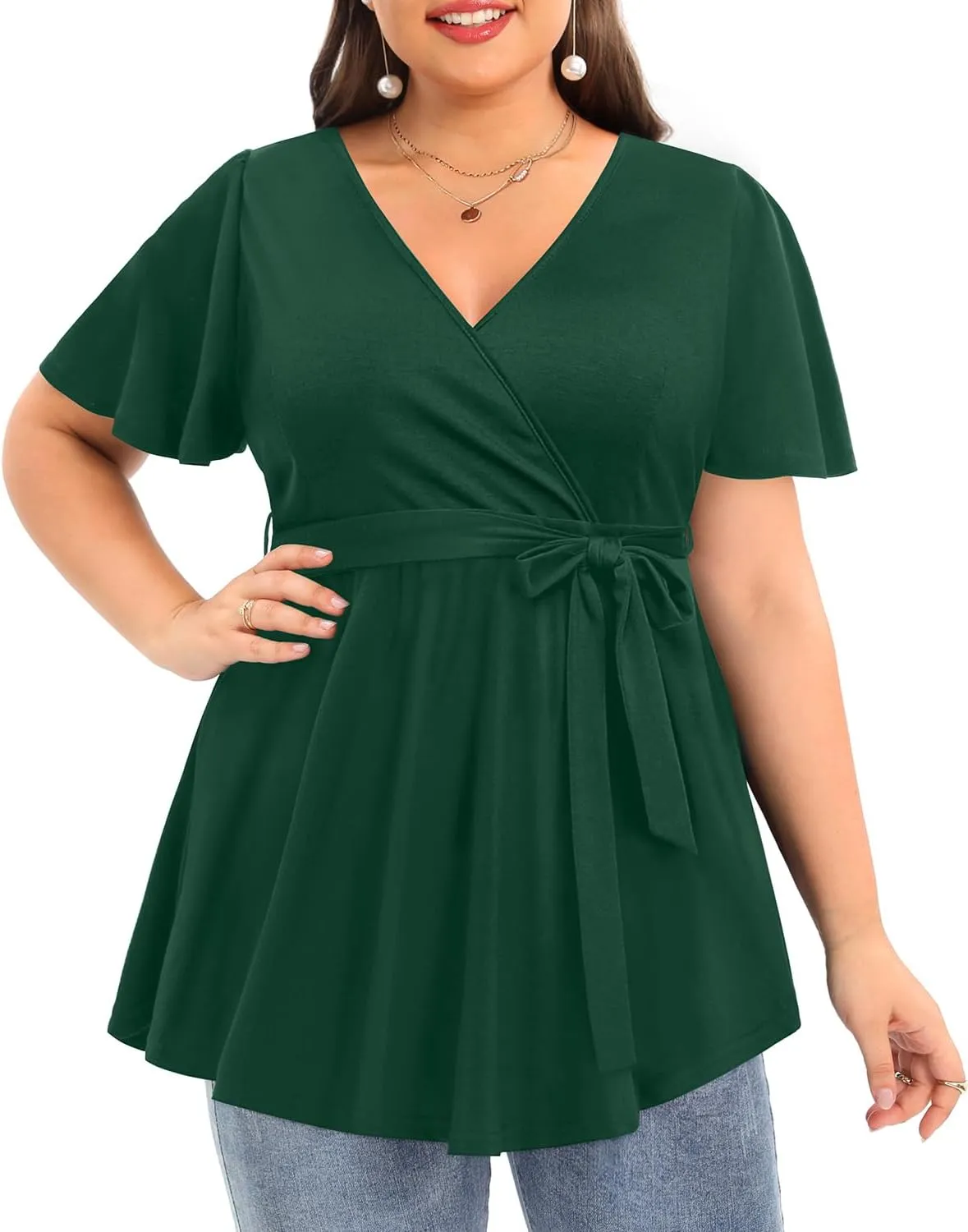 Pinup Fashion Women's Plus Size Floral Print Short Sleeve Summer Belt Tie Wrap Tunic Top 1X-5X