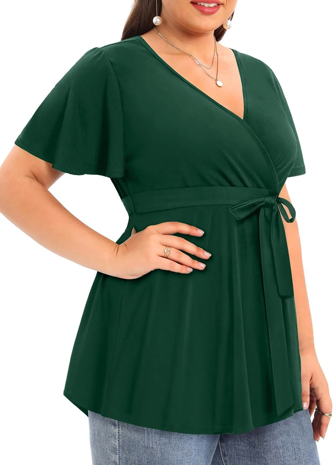 Pinup Fashion Women's Plus Size Floral Print Short Sleeve Summer Belt Tie Wrap Tunic Top 1X-5X