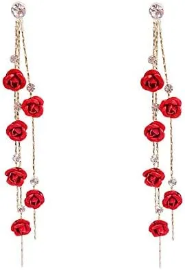 Red Rose 3D Flower Drop Earrings - CZ Crystal Rhinestone Fashion Statement Dangle Earrings - Purple Tassel Party Gifts for Women
