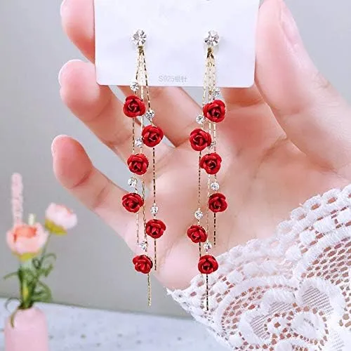 Red Rose 3D Flower Drop Earrings - CZ Crystal Rhinestone Fashion Statement Dangle Earrings - Purple Tassel Party Gifts for Women