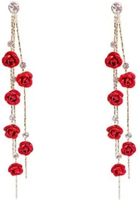 Red Rose 3D Flower Drop Earrings - CZ Crystal Rhinestone Fashion Statement Dangle Earrings - Purple Tassel Party Gifts for Women