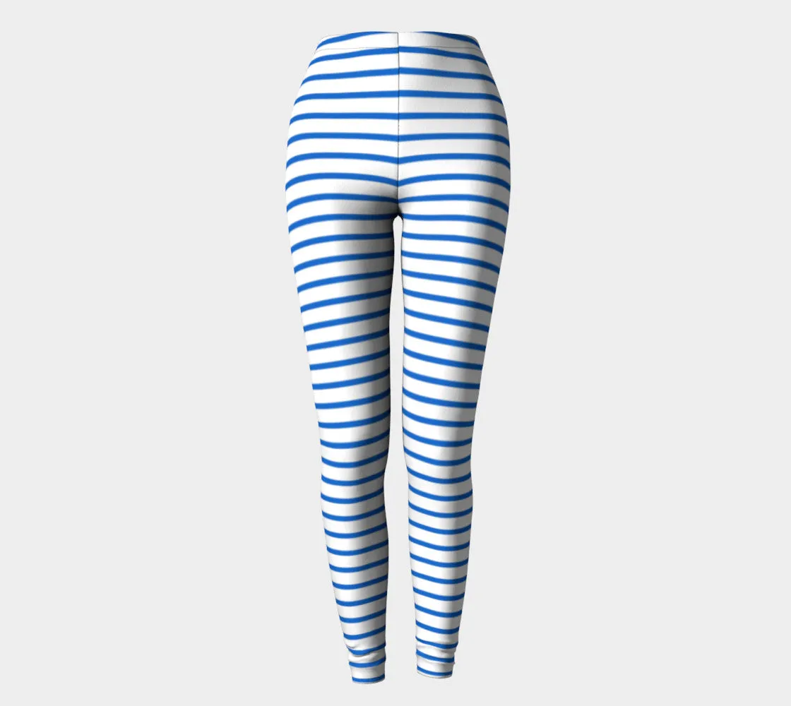 Striped Adult Leggings - Blue on White