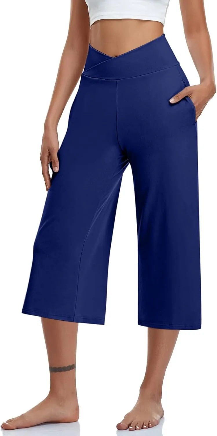 Summer Capri Pants for Women High Waist Workout Legging with Pockets Tummy Control Leggings Crop Straight Yoga Pant