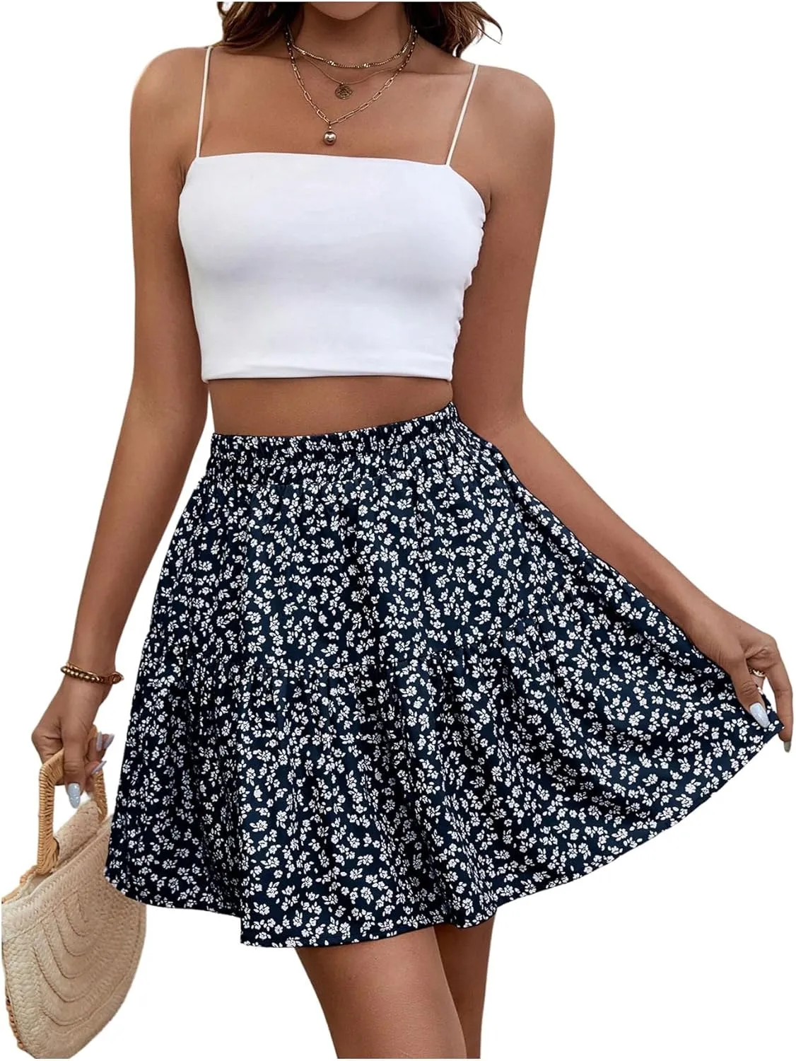 SweatyRocks Women's Boho Ruffle Hem Skirt Summer Ditsy Floral Print Mini Skirt Blue XS