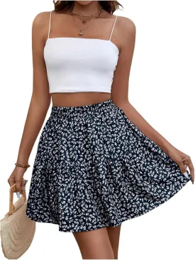 SweatyRocks Women's Boho Ruffle Hem Skirt Summer Ditsy Floral Print Mini Skirt Blue XS