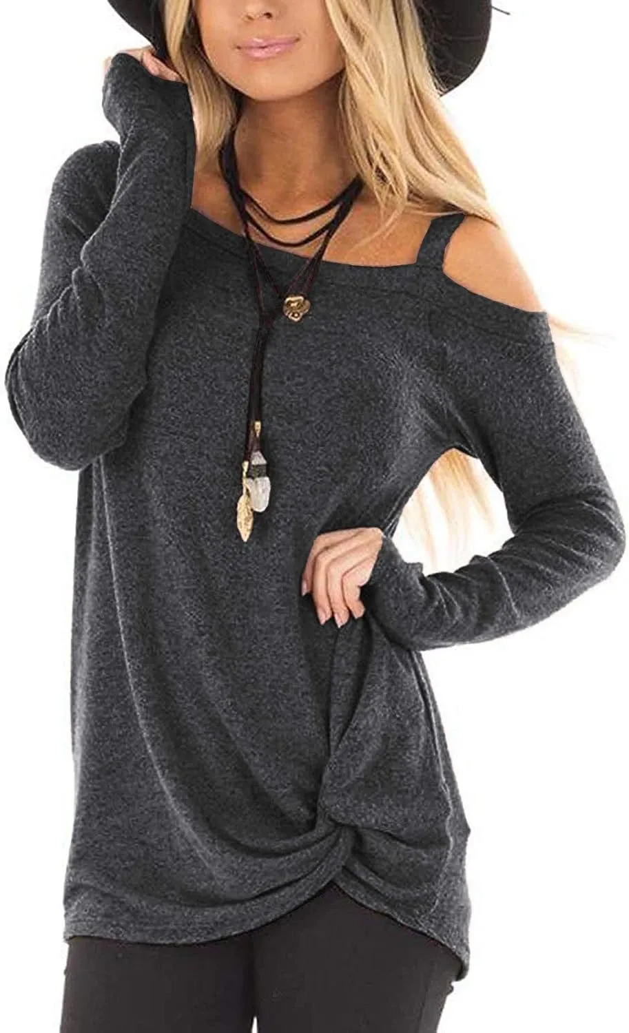 TEMOFON Women's Cold Shoulder Tops: Long Sleeve Casual Shirts Twist Knot Top Tunic Blouse Tshirt S-2XL