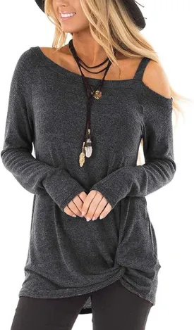 TEMOFON Women's Cold Shoulder Tops: Long Sleeve Casual Shirts Twist Knot Top Tunic Blouse Tshirt S-2XL