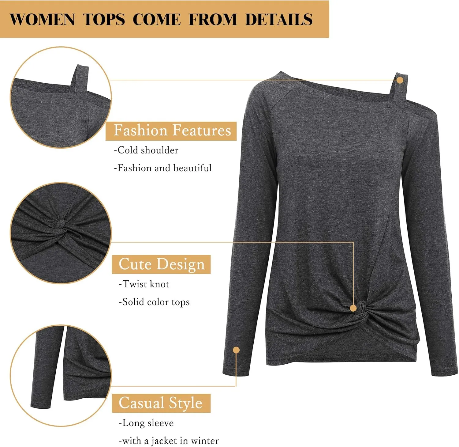 TEMOFON Women's Cold Shoulder Tops: Long Sleeve Casual Shirts Twist Knot Top Tunic Blouse Tshirt S-2XL