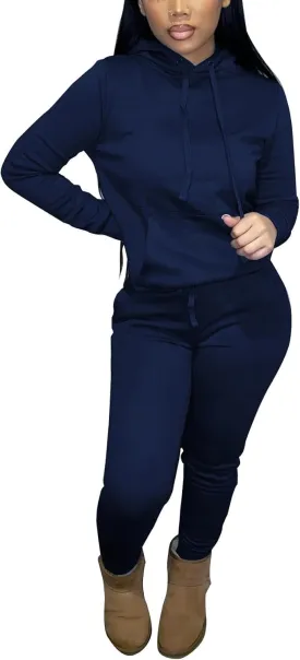 Two Piece Outfits For Women Casual Long Sleeve Hoodie Sweatshirts Jogger Sweatpants Tracksuit Sweatsuit Lounge Sets-Dark Blue-L