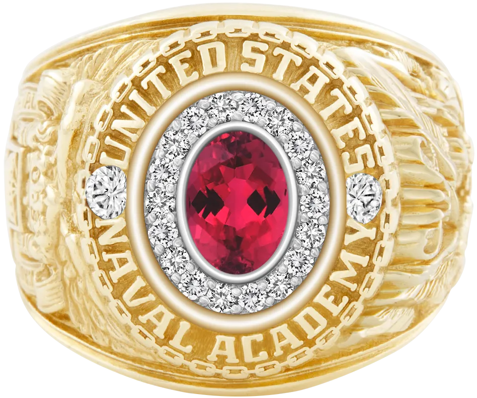 USNA Class Ring Mod™ with Red Tourmaline Centerpiece and Diamond Dividers