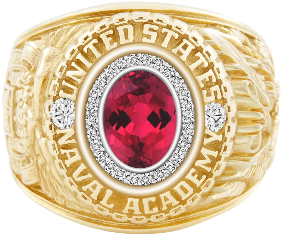USNA Class Ring Mod™ with Red Tourmaline Centerpiece and Diamond Dividers