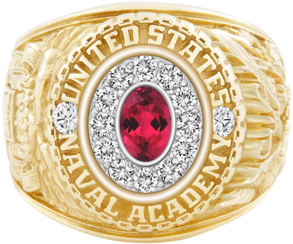 USNA Class Ring Mod™ with Red Tourmaline Centerpiece and Diamond Dividers