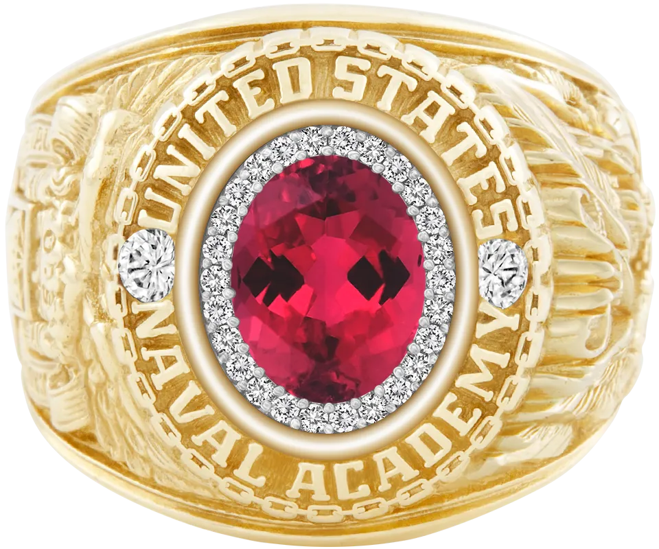 USNA Class Ring Mod™ with Red Tourmaline Centerpiece and Diamond Dividers