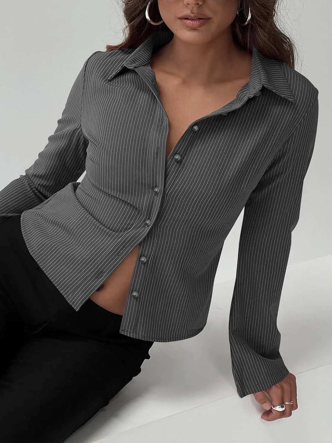 VNIRA Womens Button Down Shirts Striped Long Sleeve Collared Casual Work Blouses Spring Tops 2025 Trendy Outfits