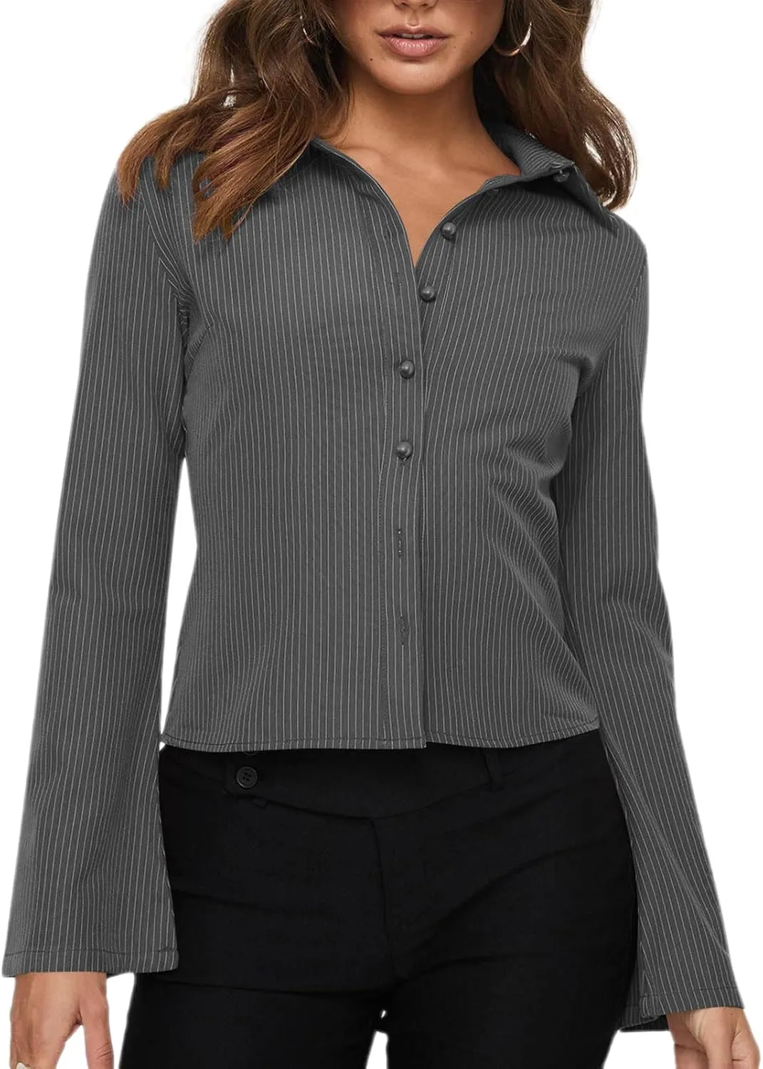 VNIRA Womens Button Down Shirts Striped Long Sleeve Collared Casual Work Blouses Spring Tops 2025 Trendy Outfits