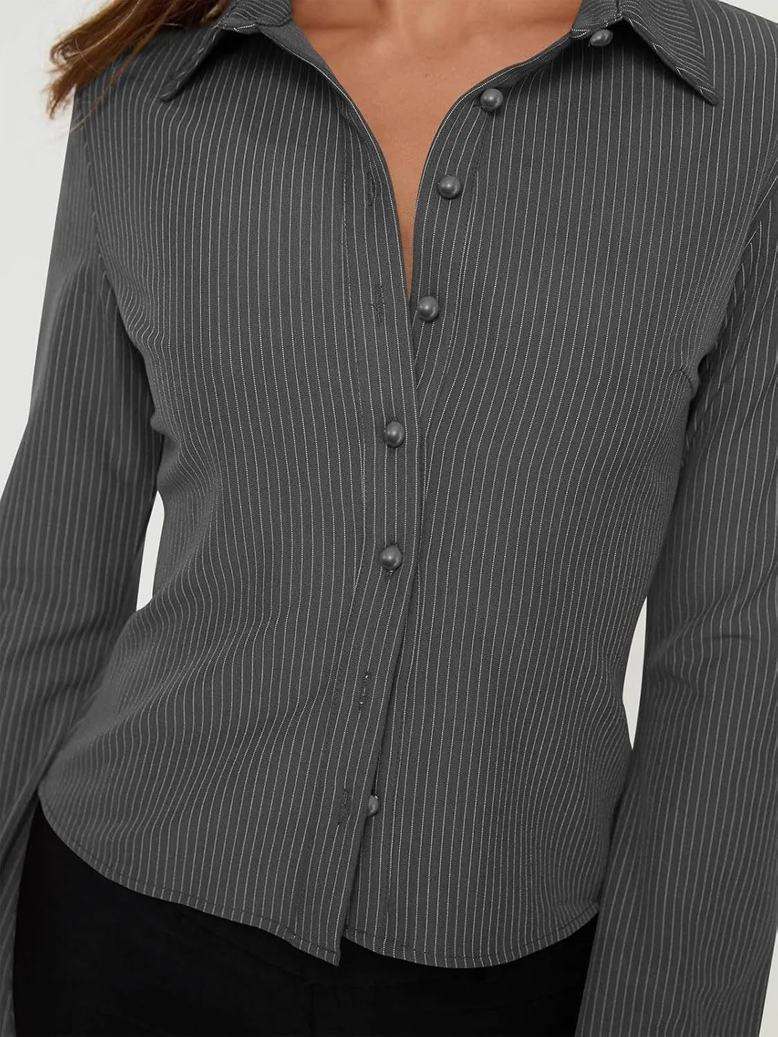 VNIRA Womens Button Down Shirts Striped Long Sleeve Collared Casual Work Blouses Spring Tops 2025 Trendy Outfits
