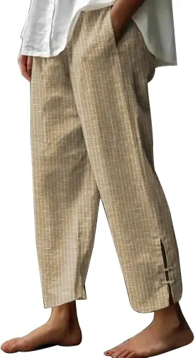 Womens Cotton Linen Pants Straight Leg High Waisted Striped Trousers Casual Loose Fit Side Slit Pants with Pockets