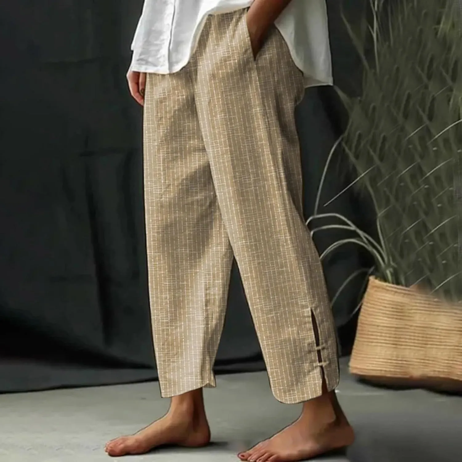 Womens Cotton Linen Pants Straight Leg High Waisted Striped Trousers Casual Loose Fit Side Slit Pants with Pockets