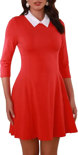 Women's Fall Dresses Cute Peter Pan Collar Fit and Flare Short Skater A Line Casual Goth Dress with Sleeves