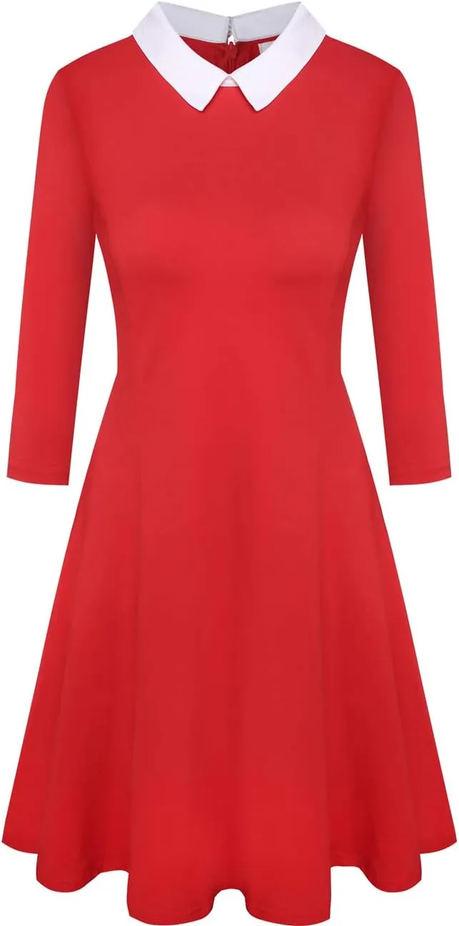 Women's Fall Dresses Cute Peter Pan Collar Fit and Flare Short Skater A Line Casual Goth Dress with Sleeves