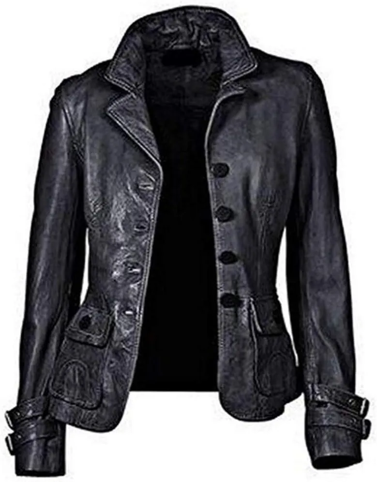 Women's Genuine Lambskin Leather Blazer Slim Fit Jacket Four Button Coat RW108