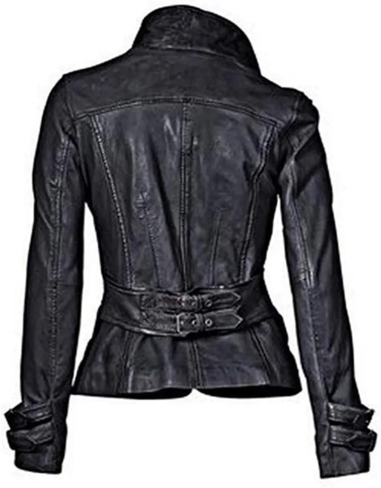 Women's Genuine Lambskin Leather Blazer Slim Fit Jacket Four Button Coat RW108
